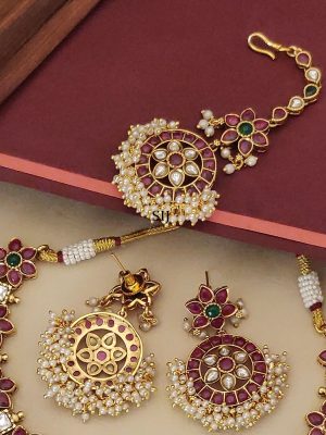 Multicolour Gold Plated Kemp Stone Temple Necklace Set