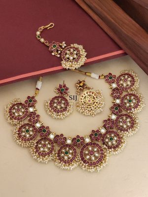 Multicolour Gold Plated Kemp Stone Temple Necklace Set