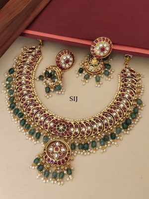 Multicolour Kemp Stone Green Beaded Drop Necklace Set