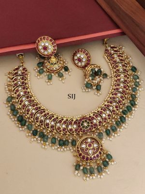 Multicolour Kemp Stone Green Beaded Drop Necklace Set