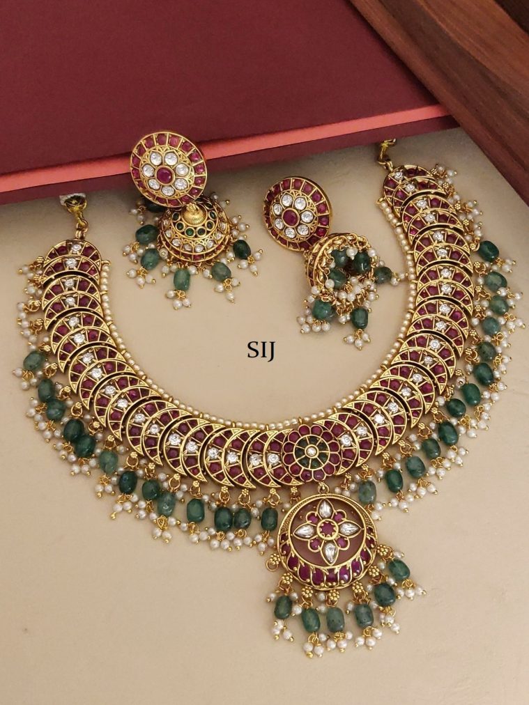 Multicolour Kemp Stone Green Beaded Drop Necklace Set
