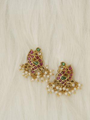 Peacock Motif Kemp Stones Pearl Hanging Earrings