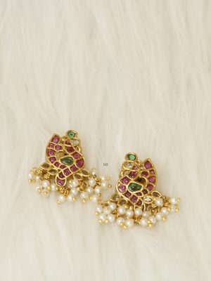 Peacock Motif Kemp Stones Pearl Hanging Earrings