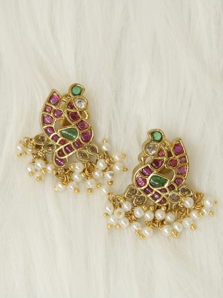 Peacock Motif Kemp Stones Pearl Hanging Earrings