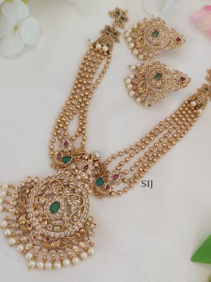 Peacock Motif Layered Golden Beads White Stones Necklace Set