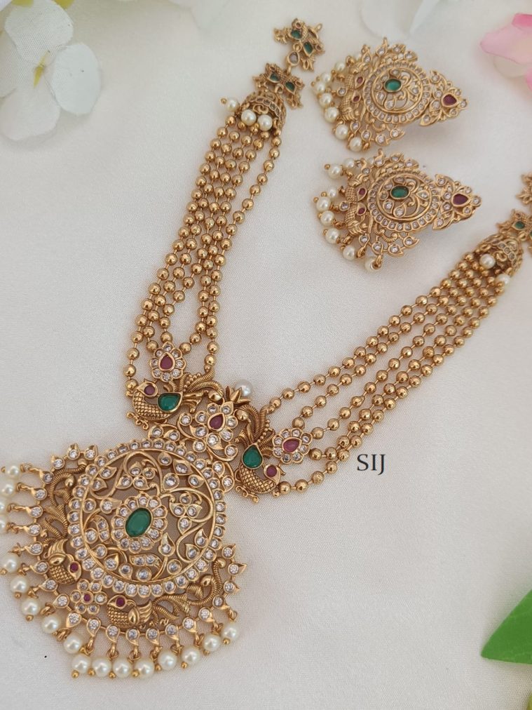 Peacock Motif Layered Golden Beads White Stones Necklace Set