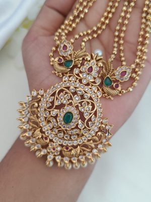 Peacock Motif Layered Golden Beads White Stones Necklace Set