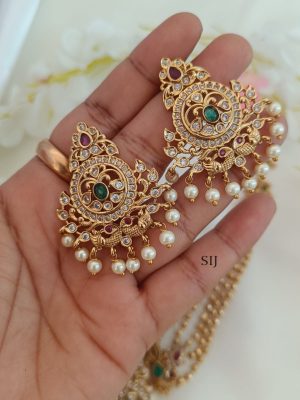 Peacock Motif Layered Golden Beads White Stones Necklace Set