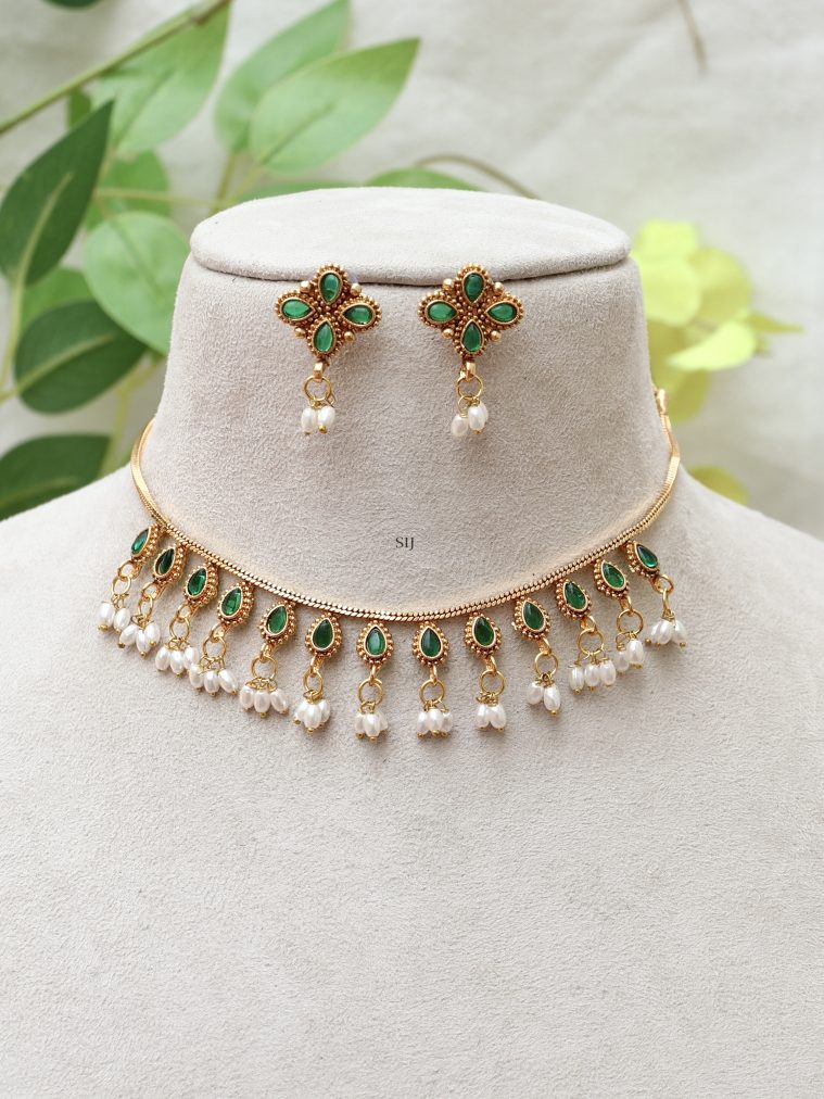 Pearl Drop Green Stone Necklace