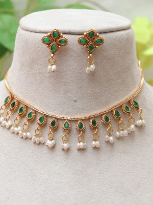 Pearl Drop Green Stone Necklace