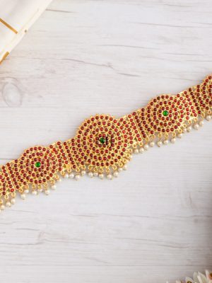 Pearl Drop Round Shape Red Kemp Hip Belt