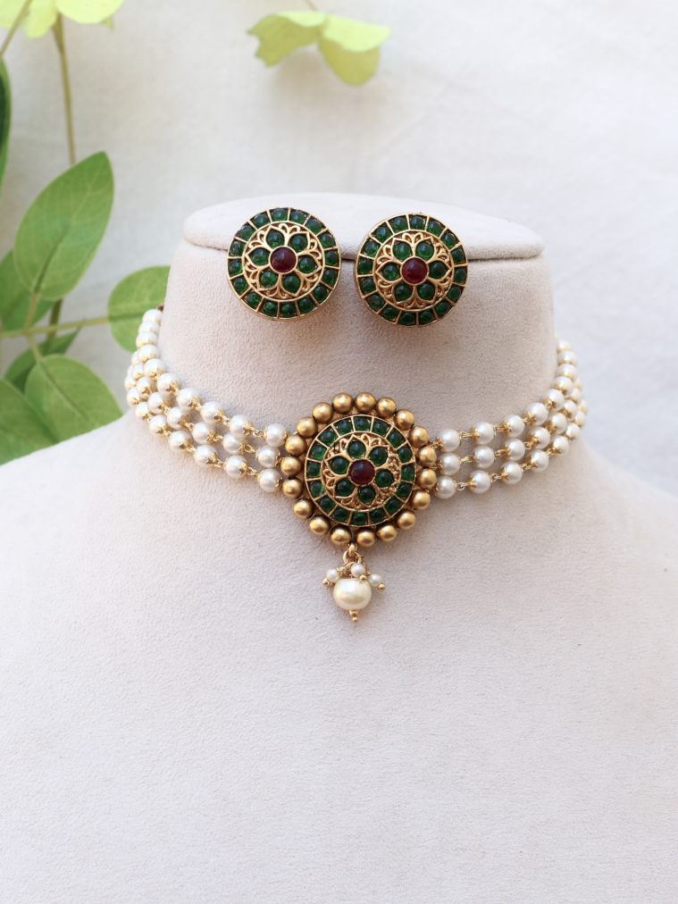 Pearl Layered Green Stone Necklace