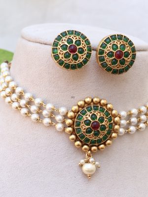 Pearl Layered Green Stone Necklace