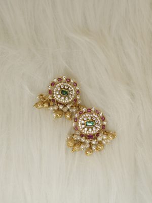Round Design Kemp Stones Golden Beads& Pearls Hanging Earrings