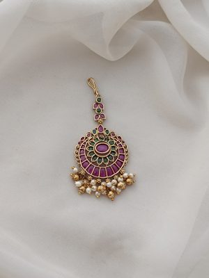 Ruby Stone Pearl Drop Maang Tikka