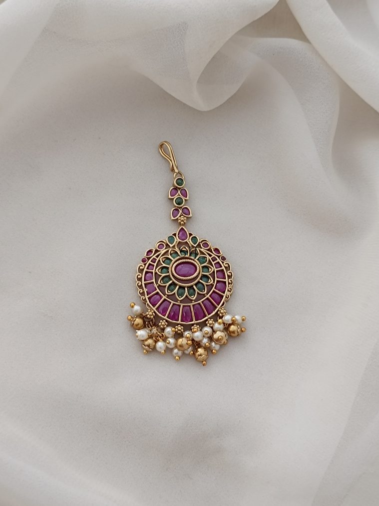 Ruby Stone Pearl Drop Maang Tikka