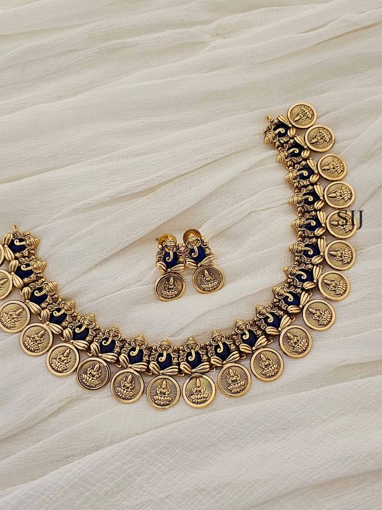 Gold Finish Ganesh With Lakshmi Coin Blue Stones Necklace