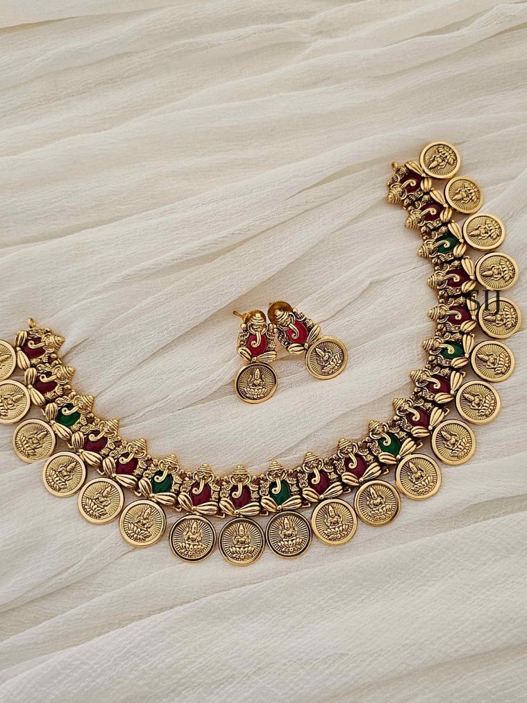 Gold Finish Ganesh With Lakshmi Coin Kemp Green Necklace