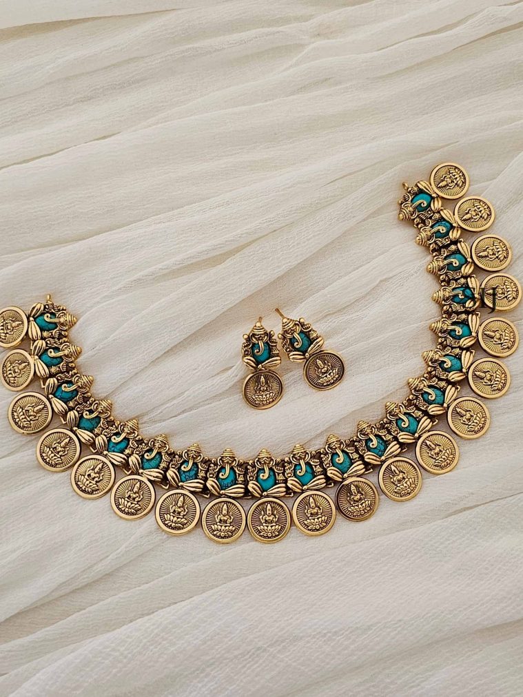 Gold Finish Ganesh With Lakshmi Coin Turquoise Necklace