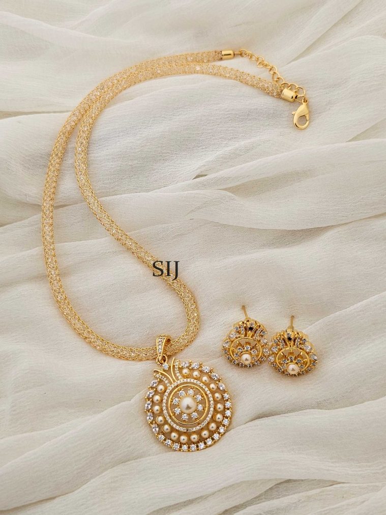Gold Finish CZ Stone Flower Design Pendant with Chain