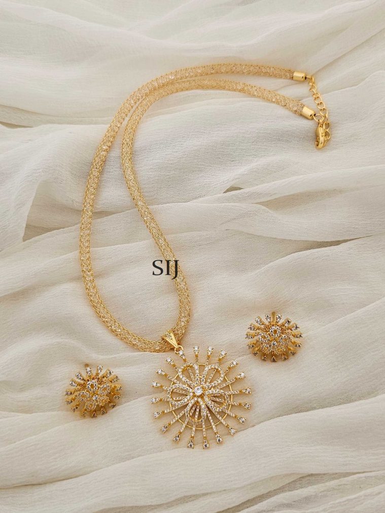 Gold Plated CZ Stone Flower Design Pendant with Chain