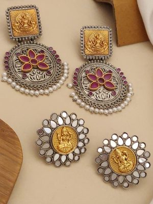Set of 2 Gold & Silver Plated Temple South Indian Earring Combo