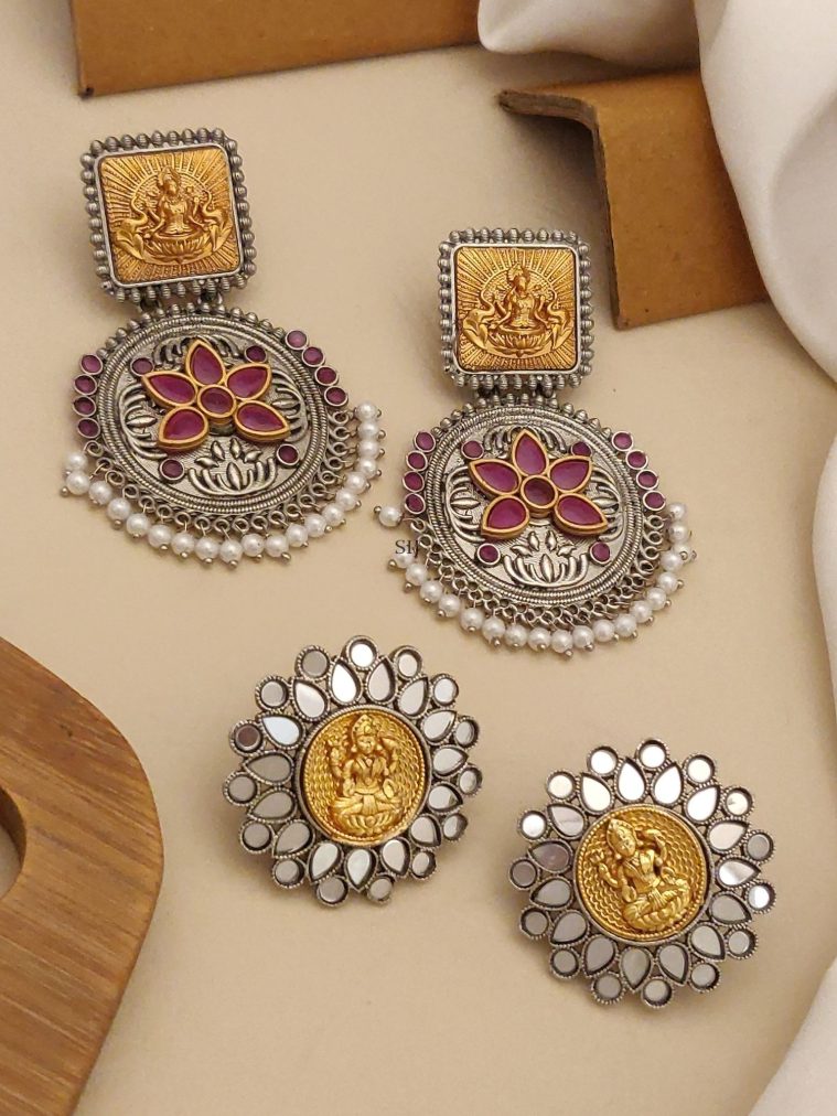 Set of 2 Gold & Silver Plated Temple South Indian Earring Combo