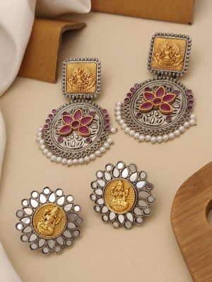 Set of 2 Gold & Silver Plated Temple South Indian Earring Combo