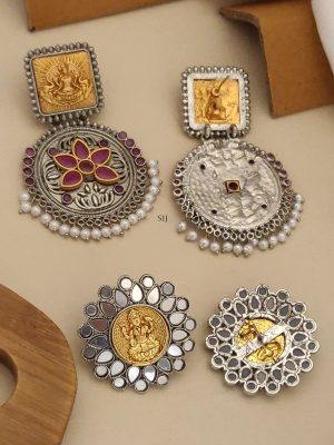 Set of 2 Gold & Silver Plated Temple South Indian Earring Combo