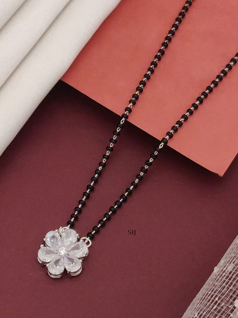 Silver Plated Black Beads Flower Design Pendant Mangalsutra