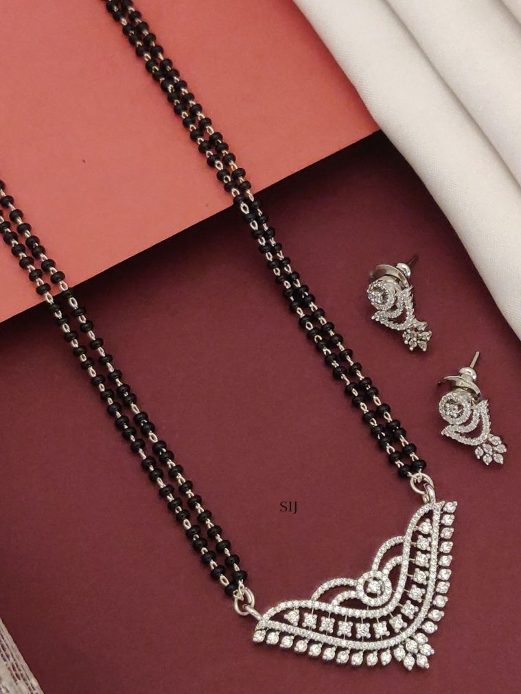 Silver Plated Double Layered Black Beads AD Mangalsutra Set