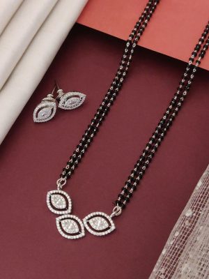 Silver Plated Double Layered Black Beads Marquise AD Mangalsutra Set