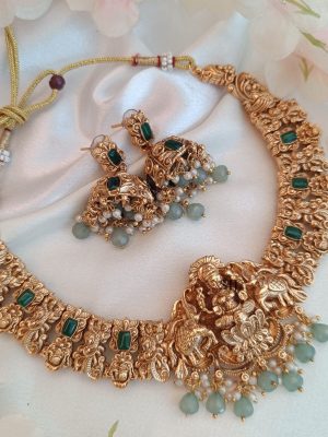 Temple Dual Elephant Lakshmi Motif Green Stones Necklace Set