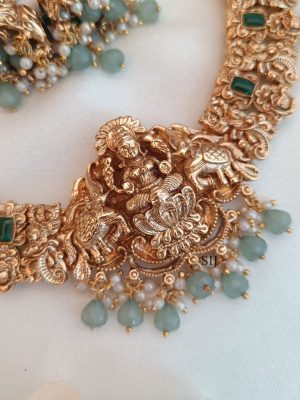 Temple Dual Elephant Lakshmi Motif Green Stones Necklace Set