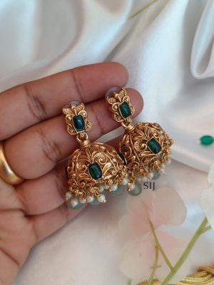 Temple Dual Elephant Lakshmi Motif Green Stones Necklace Set