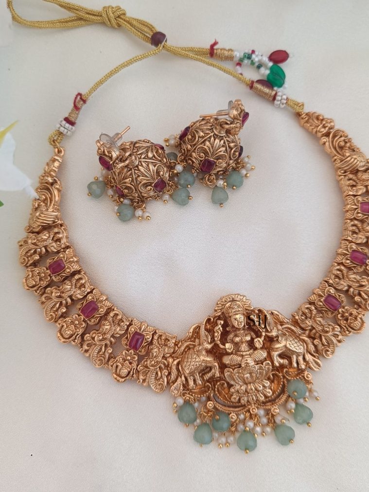 Temple Dual Elephant Lakshmi Motif Pink Stones Necklace Set