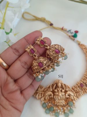 Temple Dual Elephant Lakshmi Motif Pink Stones Necklace Set