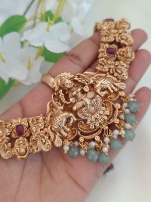 Temple Dual Elephant Lakshmi Motif Pink Stones Necklace Set