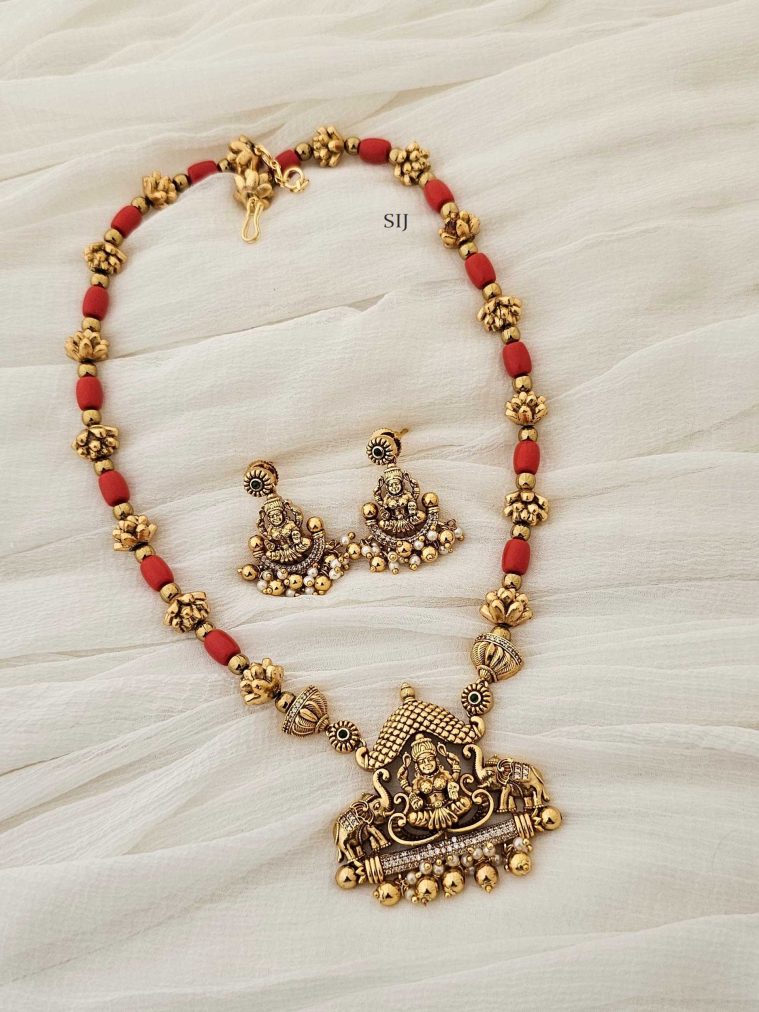 Temple Gajalakshmi Pendant with Coral Beaded Necklace