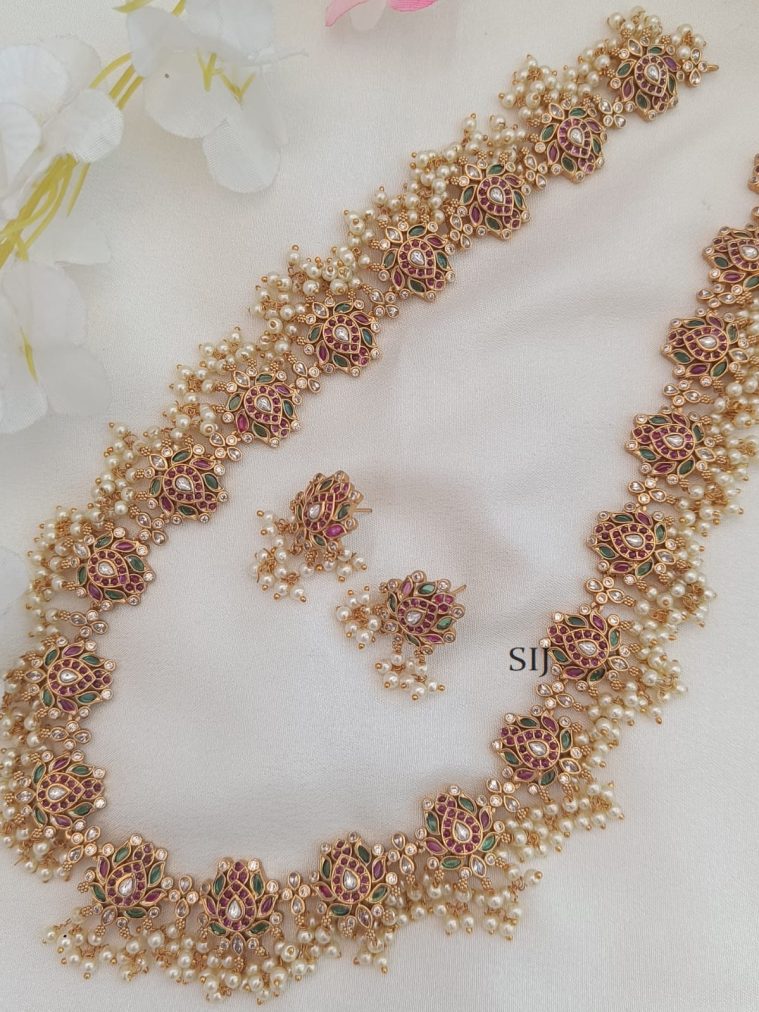 Thaamarai Poo- Pink & Green Guttapusalu Long Necklace Set