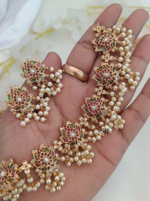 Thaamarai Poo- Pink & Green Guttapusalu Long Necklace Set