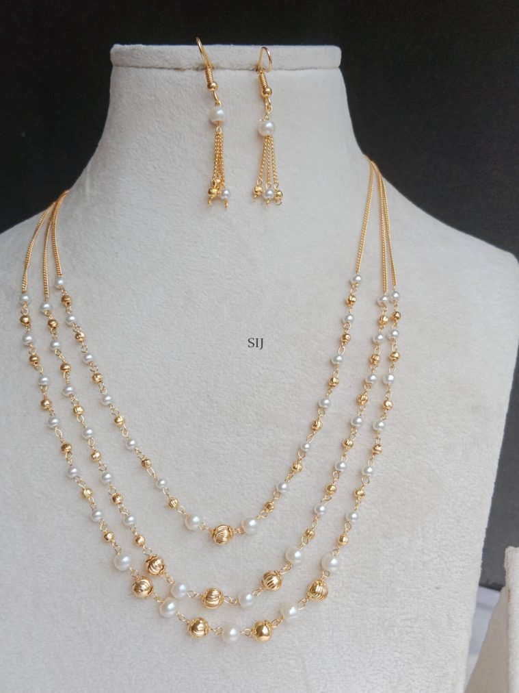 Three layer Gold Finish and Pearl Beaded Chain