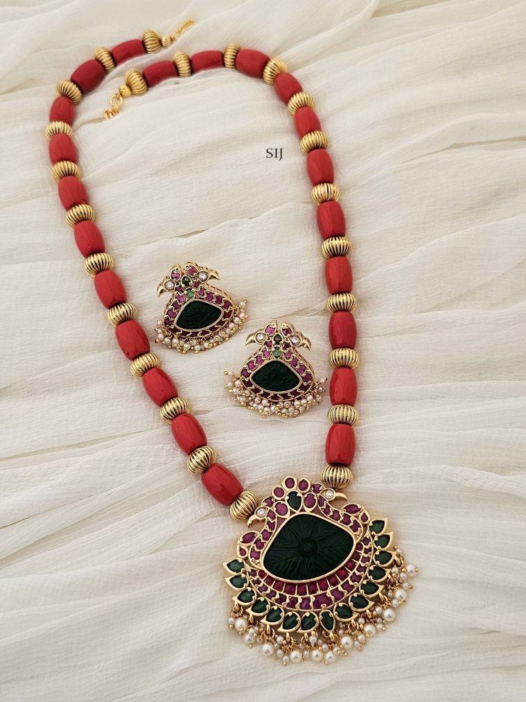 Traditional Dual Peacock Pendant with Coral Necklace
