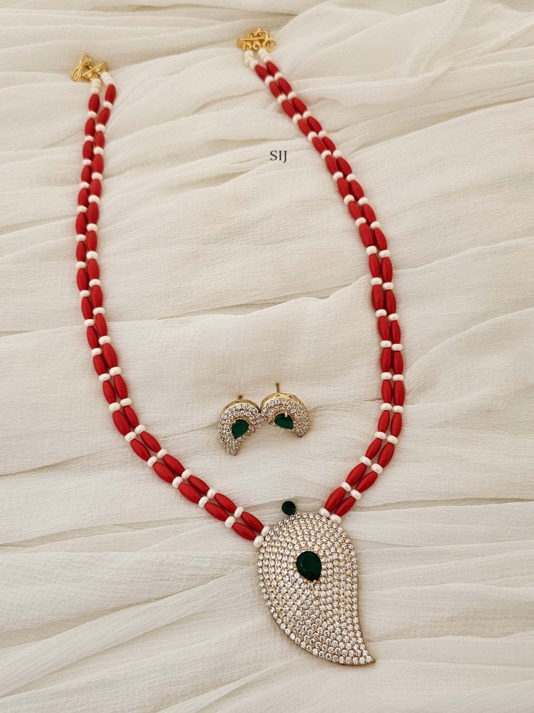 Two Layer Coral &Pearl Necklace with CZ Mango Pendant