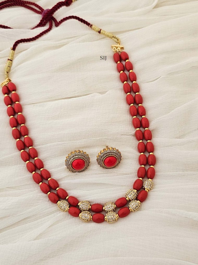 Two Layered Coral Beaded Necklace with CZ Balls