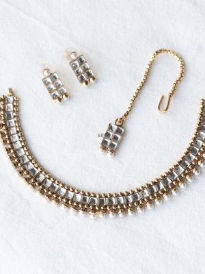 White Stone Kundan and Pearl Studded Necklace set with Maang Tikka