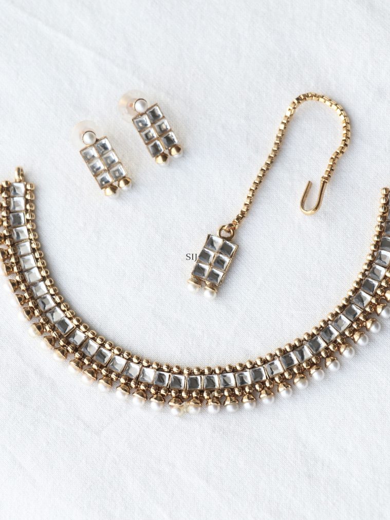 White Stone Kundan and Pearl Studded Necklace set with Maang Tikka