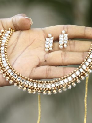 White Stone Kundan and Pearl Studded Necklace set with Maang Tikka