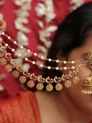 Jhumkas with Pearl Lakshmi Coin Mattals VARIE01129