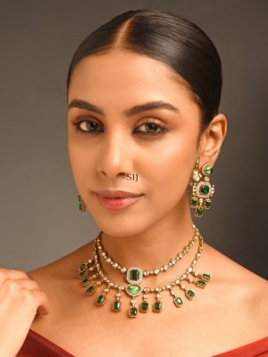 Gold Plated Green Polki Diamond Necklace Set